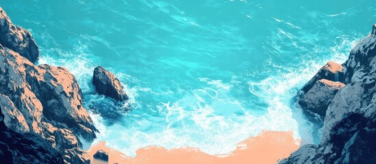 Fototapeta premium Cliffs Overlooking Turquoise Waters with Sandy Beach and Text Space, Captured from Above in Bright Daylight