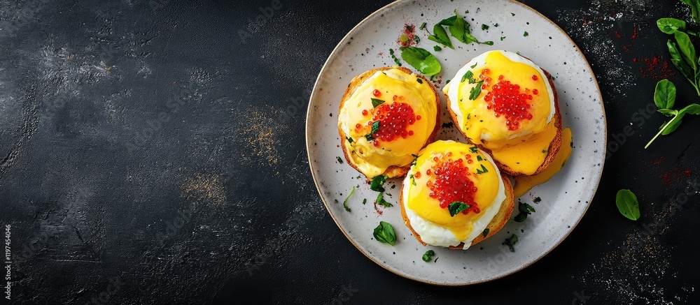 Aufkleber breakfast plate featuring eggs benedict topped with red caviar on a textured dark background with gr