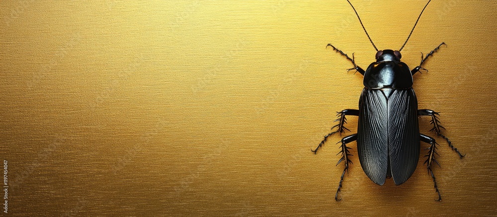Poster black cockroach on shimmering gold and silver metallic surface with ample negative space for text on