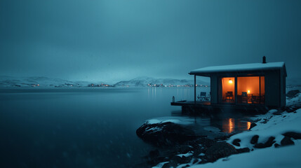 A fierce blizzard burying a solitary cabin in a snowy valley, with strong winds and heavy snow creating a whiteout under a gray sky.