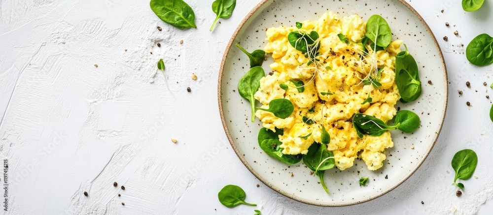 Aufkleber Scrambled eggs with fresh spinach and sunflower sprouts served on a textured plate against a light backdrop, featuring ample empty space for text.