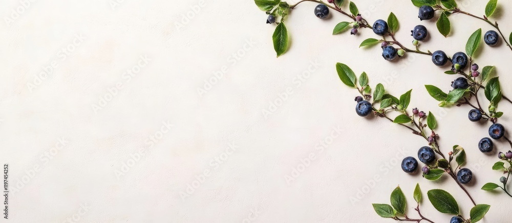 Poster ripe blueberries on a branch with fresh green leaves arranged on a light beige background creating e