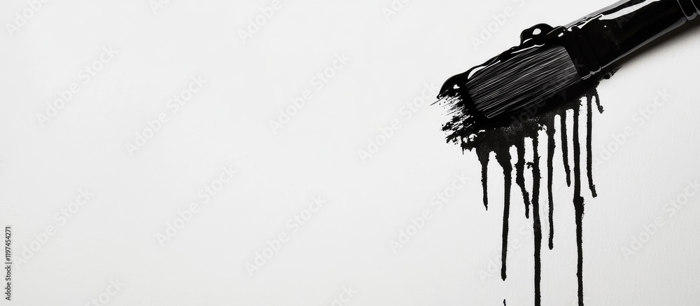 Poster black ink cascading from brush onto pristine white paper with ample empty space for creative text or