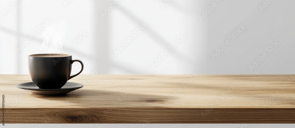 Poster steaming black coffee cup on a rustic wooden table with light shadows and ample blank space for text