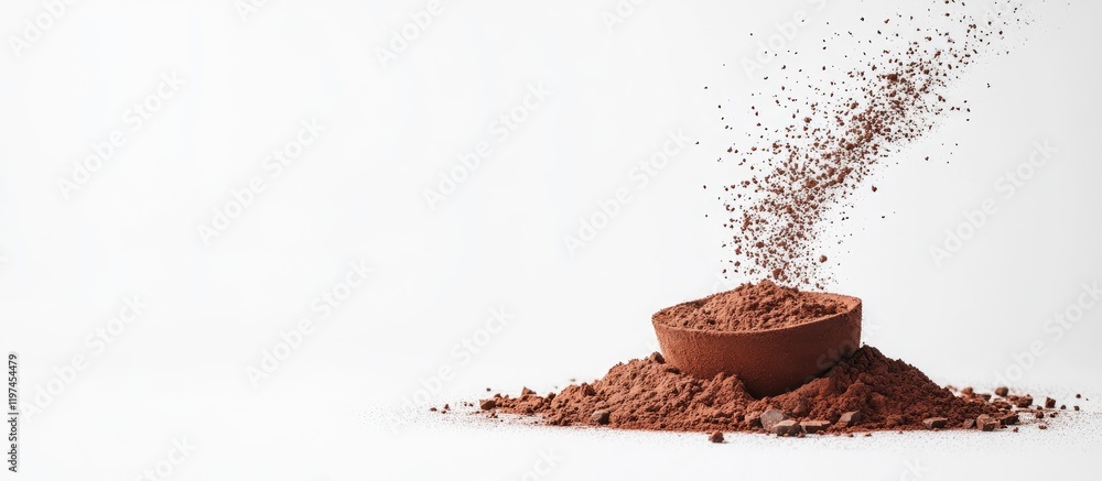 Poster black cocoa powder cascading from a rustic bowl against a clean white backdrop, creating a warm and 