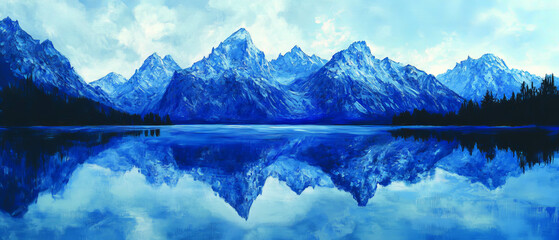Majestic mountain range reflecting in a serene blue lake under a cloudy sky