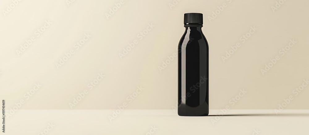 Poster black bottle mockup with black cap on soft beige minimalist background showcasing ample empty space 