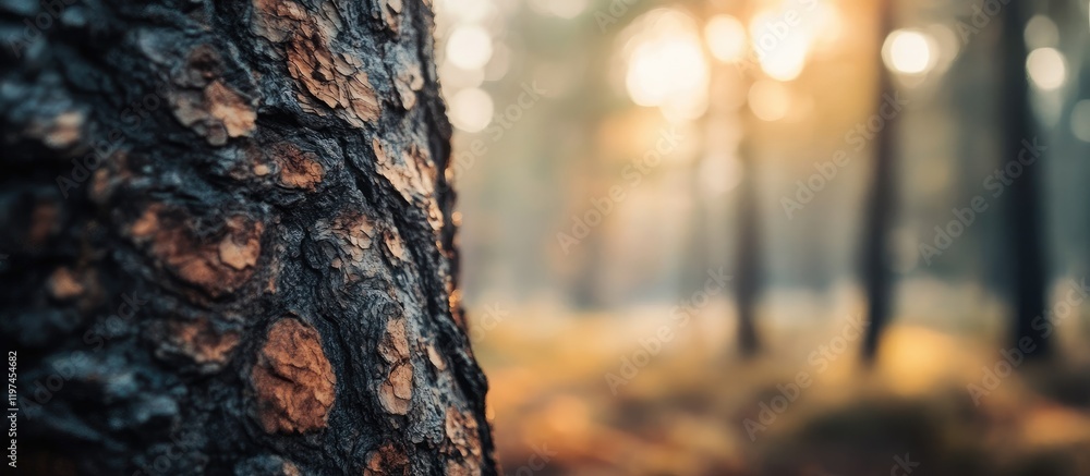 Poster close-up of rustic tree bark showcasing detailed natural texture in soft focus forest background wit