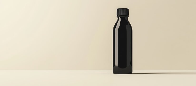 Black bottle mockup with black cap on soft beige minimalist background showcasing ample empty space for branding and design elements - Powered by Adobe