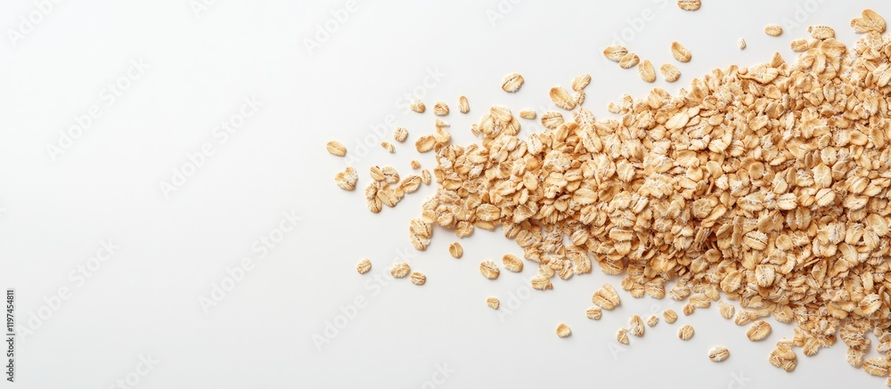 Aufkleber oatmeal porridge scattered on a clean white background with ample empty space for text, showcasing a