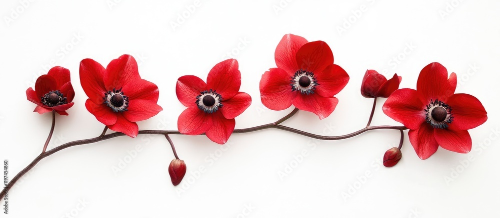 Poster red flowering anemones gracefully arranged on a pristine white studio background with ample empty co