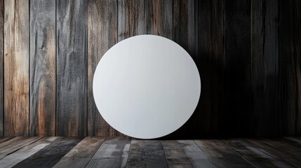 A round signboard mockup with a white background, standing out against a dark wooden backdrop