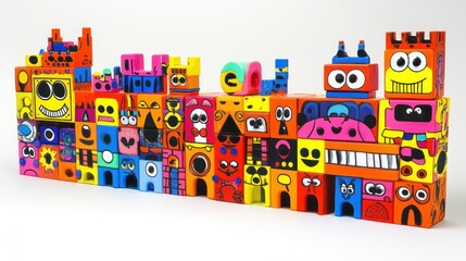 Vibrant Cityscape of Joyful Blocks: A Colorful Composition of Hand-Painted Wooden Cubes Forming a Whimsical City