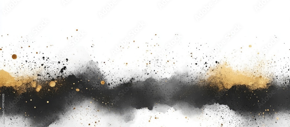 Poster elegant black and gold ink abstract painting background with fluid textures and ample white copyspac