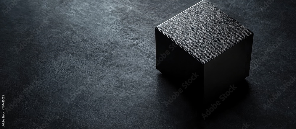 Aufkleber black metallic cube positioned at an angle on a textured dark background with ample empty copyspace 