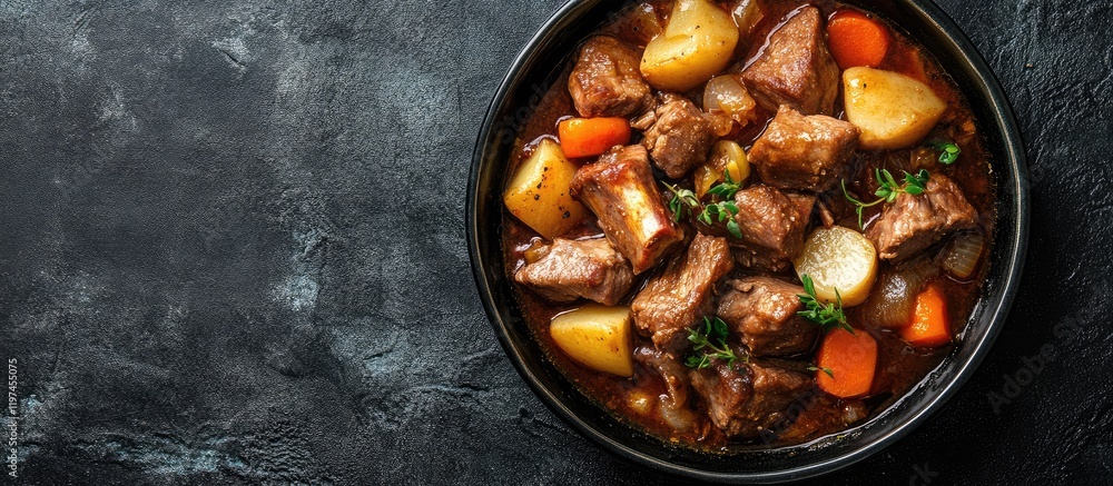 Poster braised pork ribs with colorful vegetables and aromatic spices in a dark bowl on a textured slate su