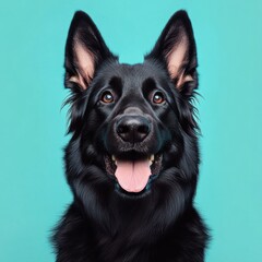 Happy black dog with alert ears and cheerful expression against vibrant turquoise background