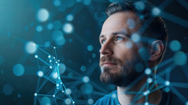 A thoughtful man gazes at abstract digital connections, symbolizing innovation and technology.