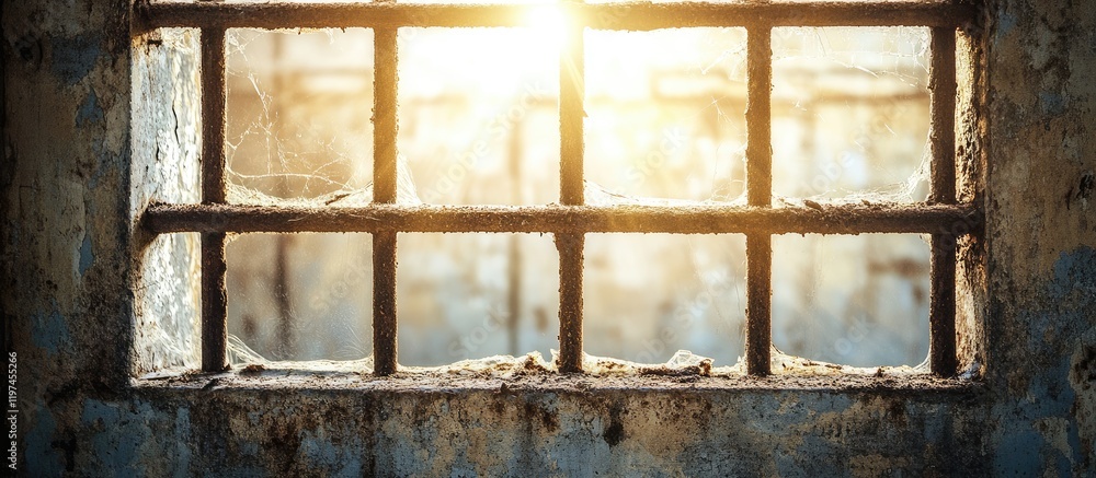 Poster sunlit barred window with broken metal grate casting soft light on weathered walls in an abandoned s