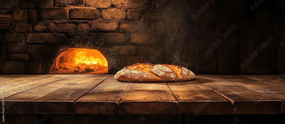Poster rustic bread oven with golden crusted loaf on wooden table in warm ambient light and empty copy spac