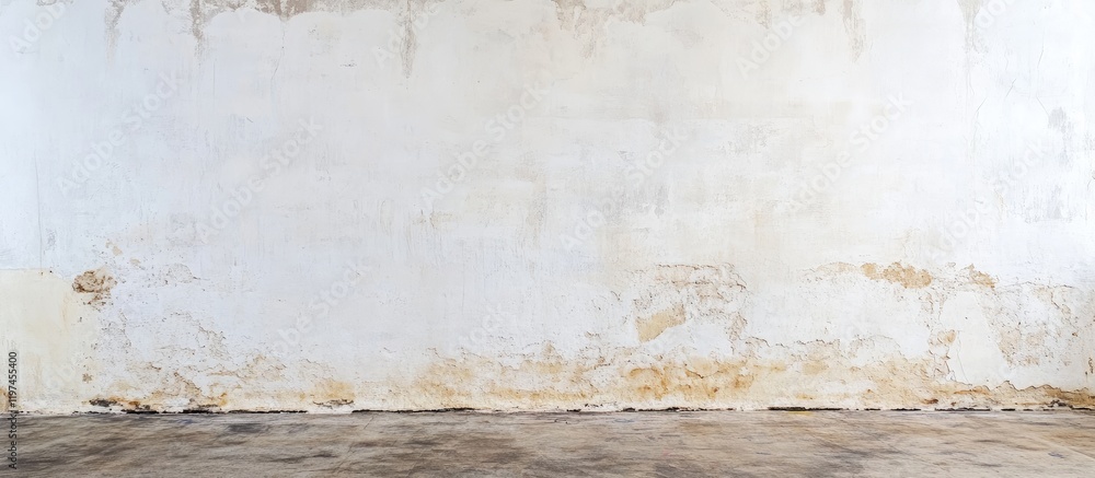Poster textured white plaster wall with faded imperfections and smooth gray cement floor background featuri