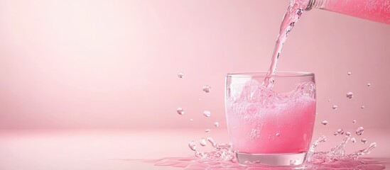Bartender pouring pink liquid into glass with splash on light pink background