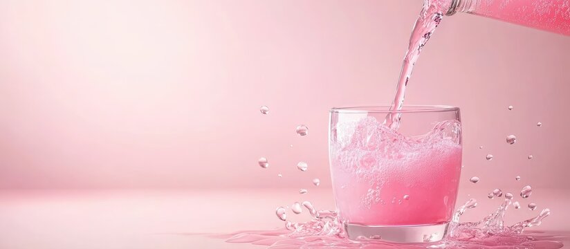 Bartender pouring pink liquid into glass with splash on light pink background