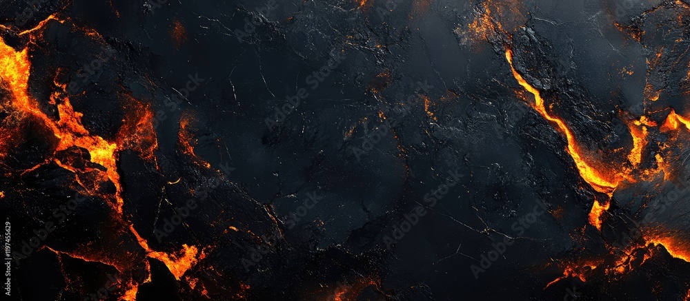 Poster High-Quality Black Marble Background with Fiery Orange Veins and Empty Copyspace for Text in Horizontal Orientation