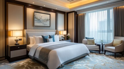 Obraz premium A serene bedroom decorated with pastel colors, soft lighting, and cozy bedding for ultimate relaxation.