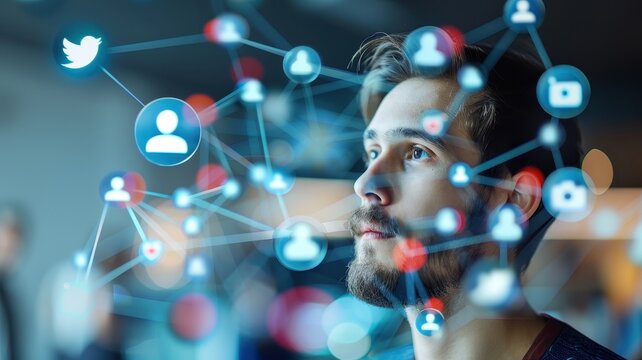 A man gazes thoughtfully amidst digital social media icons and connections, symbolizing online networking and engagement.
