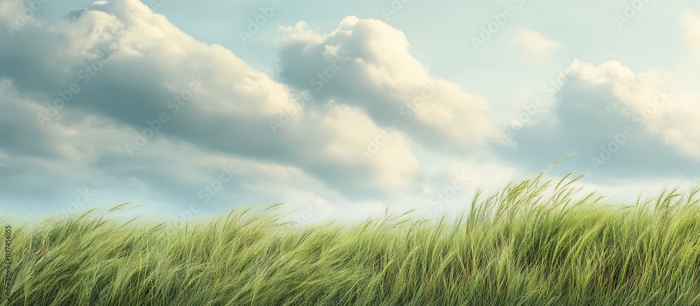 Aufkleber swaying green barley plants in a field under a serene cloudy sky with ample empty space for text in 