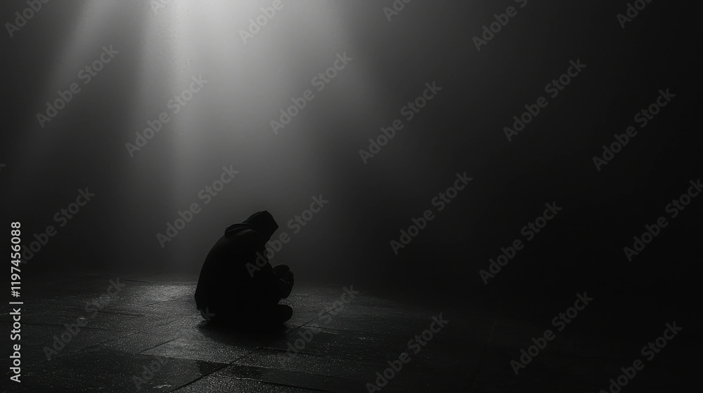 Poster huddled figure on the ground in dark foggy environment with soft light rays illuminating