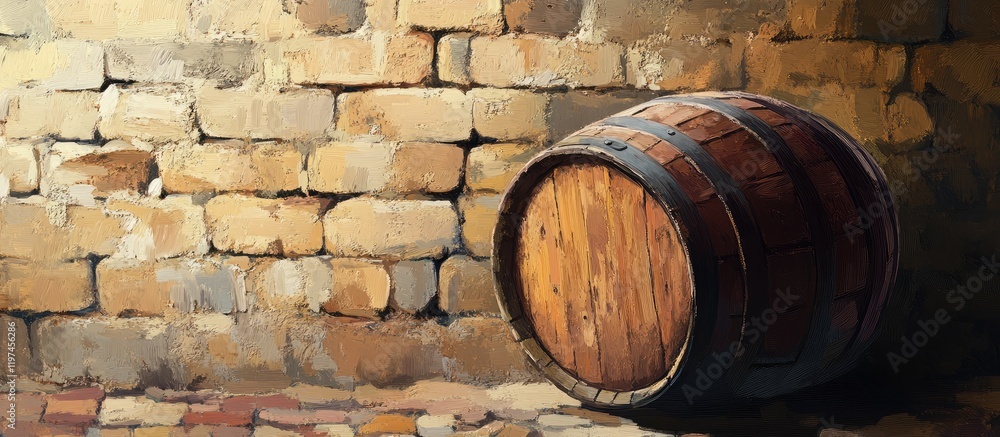 Aufkleber rustic wooden barrel leaning against textured stone bricks in warm earthy tones with ample empty spa