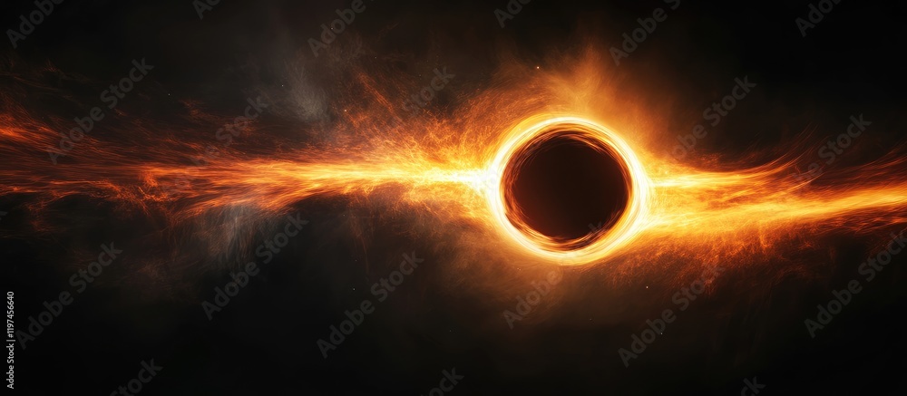 Poster cosmic black hole surrounded by vibrant orange and yellow dust clouds in deep space with dark backgr