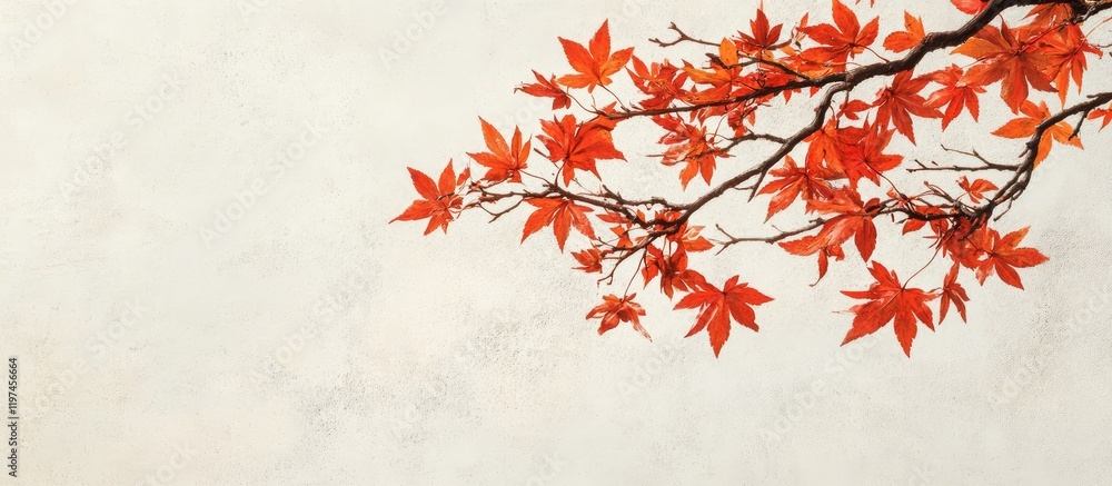Poster vibrant orange maple foliage branch against a soft neutral background with ample copy space for text
