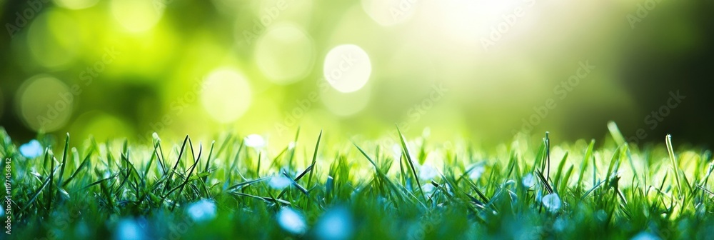 Fototapete Fresh green grass with blurred background provides empty space for text and message placement in natural setting. Generative AI