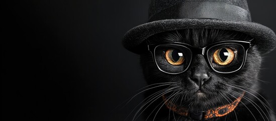 Sophisticated black cat wearing a black hat and glasses against a dark background with ample blank space for customizable text.