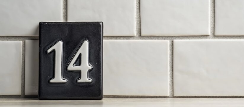 Black Tile Number 14 Positioned on White Glossy Tiles, Side View with Ample Negative Space for Text or Design Elements