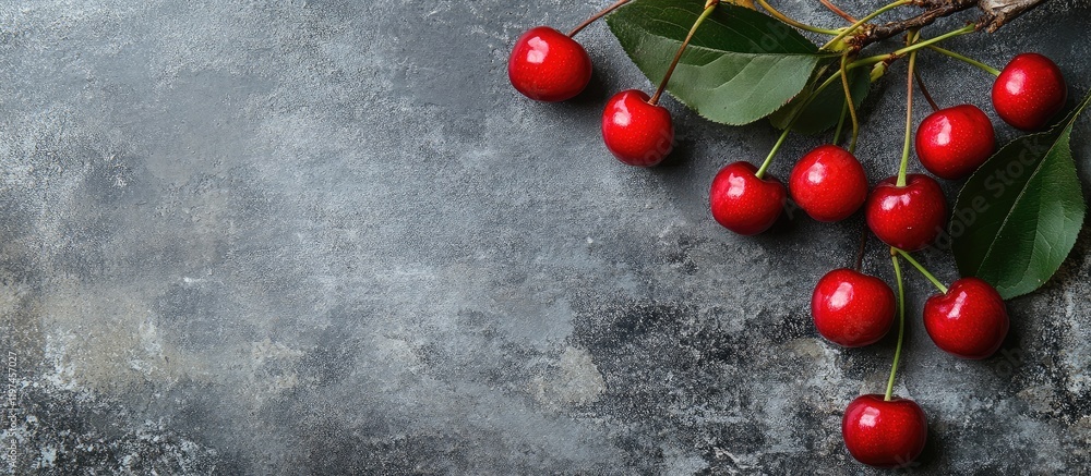 Poster ripe red cherries on a rustic grey stone surface with green leaves and ample negative space for crea