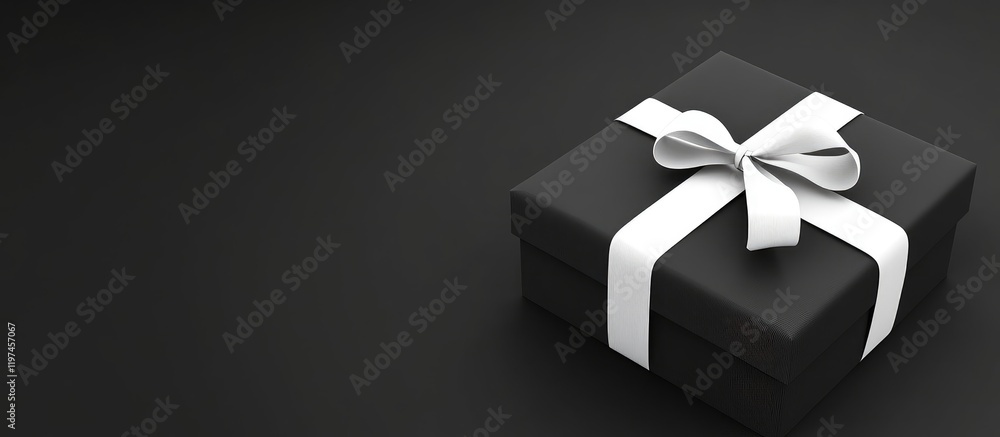Poster elegant black gift box adorned with a white ribbon on a dark background with ample copyspace for tex