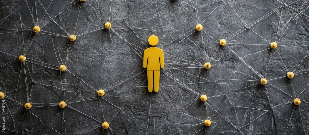 Poster yellow silhouette of a person on a dark textured background surrounded by network nodes, with empty 
