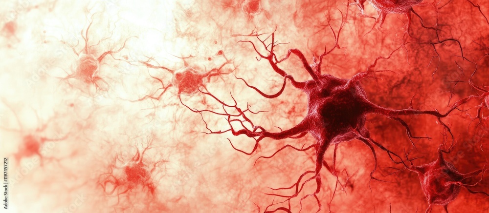 Poster neurological neurons and brain cells network in red and white with soft focus background for medical