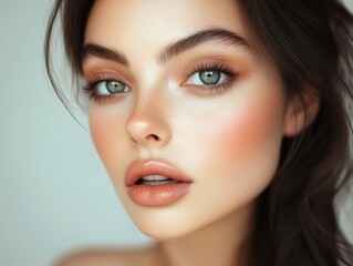 Naklejka premium Close-up of a young woman with striking green eyes and flawless makeup showcasing natural beauty in a soft, illuminated setting