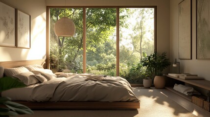 A serene bedroom with neutral tones, a plush bed, and large windows overlooking a peaceful garden.