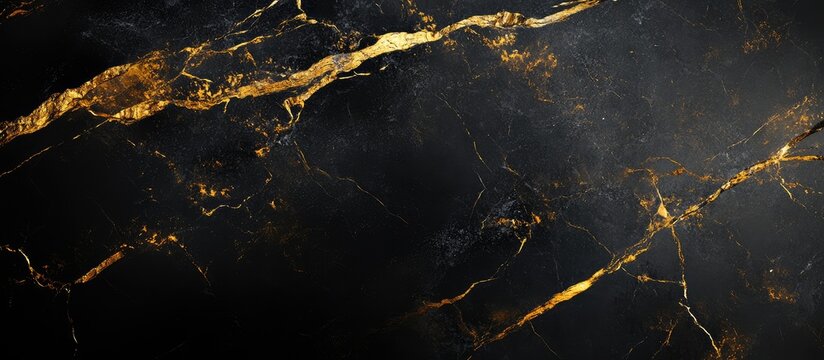 Black marble surface featuring gold veining and shadows, ideal for text insertion
