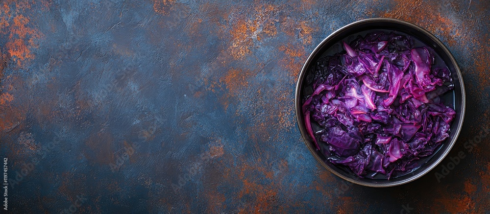 Poster braised red cabbage with apples and spices in a dark ceramic bowl on textured blue and rust-colored 
