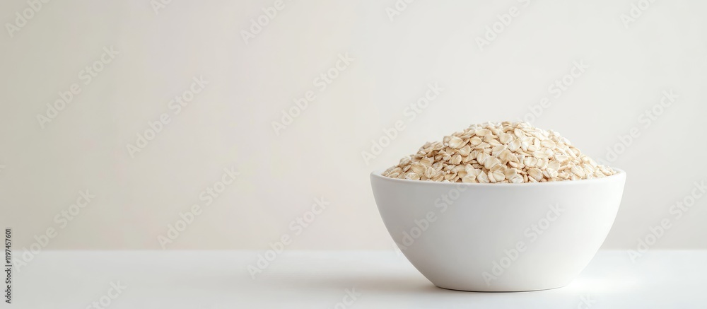 Poster bowl of oatmeal on white table against light background with ample negative space for text placement