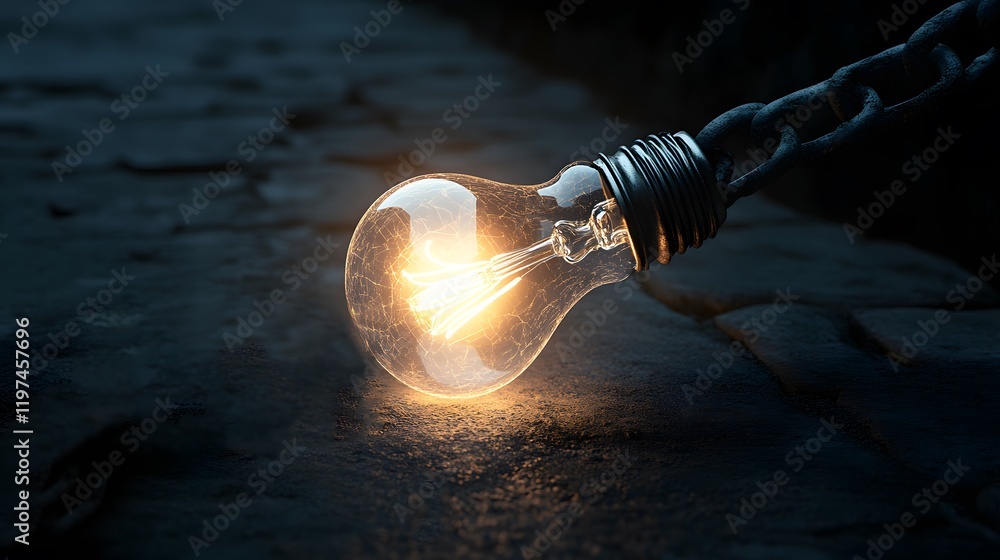 Poster A Glowing Light Bulb Resting on a Dark Cobblestone Path, Illuminating the Surrounding Area with a Soft Warm Glow, Symbolizing Ideas and Inspiration in a Dim Environment