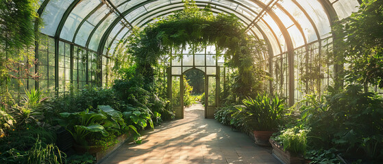 Naklejka premium Overgrown botanical garden filled with lush exotic plants and vibrant greenery
