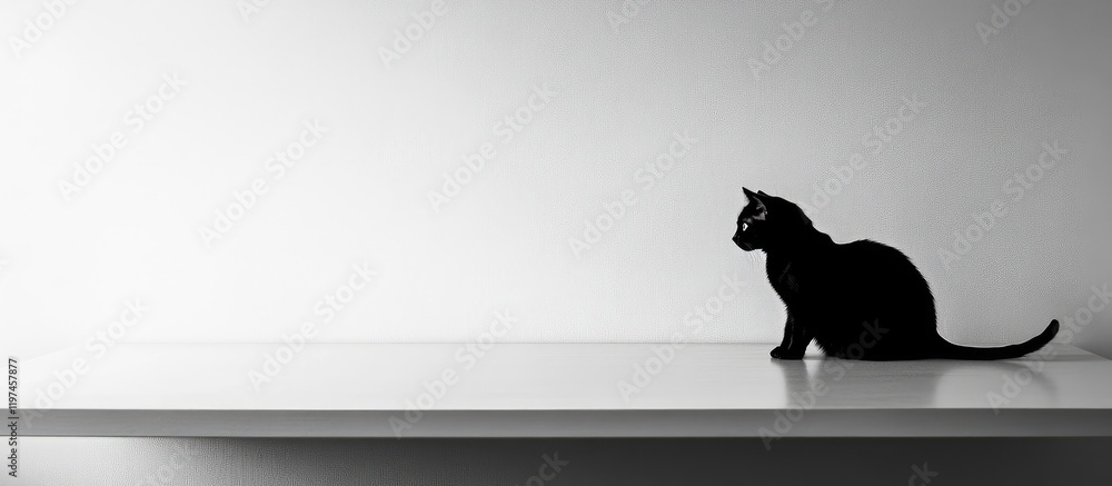 Aufkleber black cat sitting on a sleek white table against a minimalist white background with ample empty spac